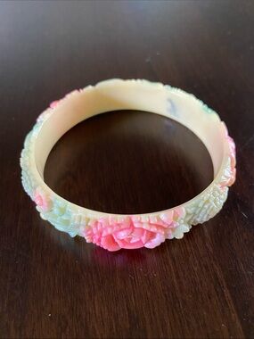 Vintage Celluloid Carved Floral Bangle Bracelet